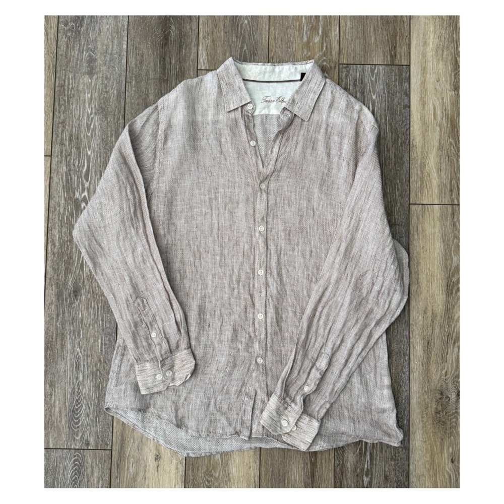 ⚜️ Tasso Elba ⚜️ 100% LINEN Tan Textured Long-Sleeved Button Down Shirt Men’s L